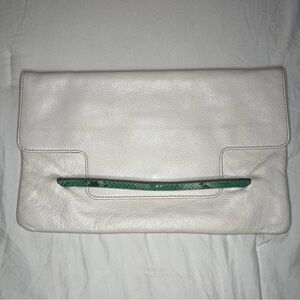 Iacucci White Pebbled Leather Large Clutch, Teal Snake Skin Leather Accent